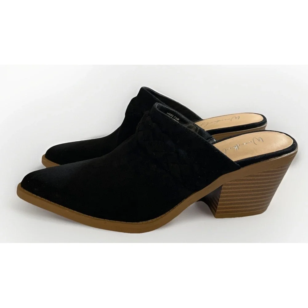 Wonderly Black Faux Suede Lasso Heeled Mules Women's 7.5  M Southwestern Braided - Picture 4 of 10